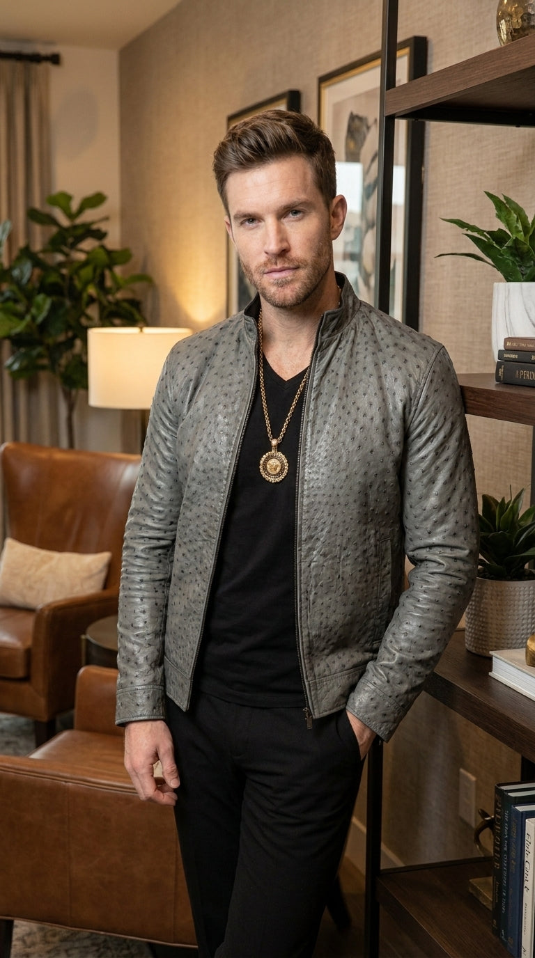 Men’s Grey Ostrich Leather Jacket, Original Fine Exotic Western Dress Jacket