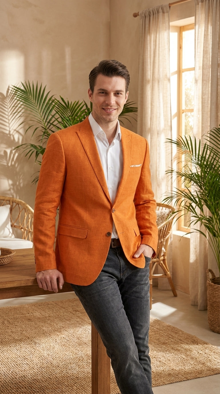 Empire Men’s Orange Two Button Summer Blazer, Lightweight Dress Sport Coat for Parties and Weddings