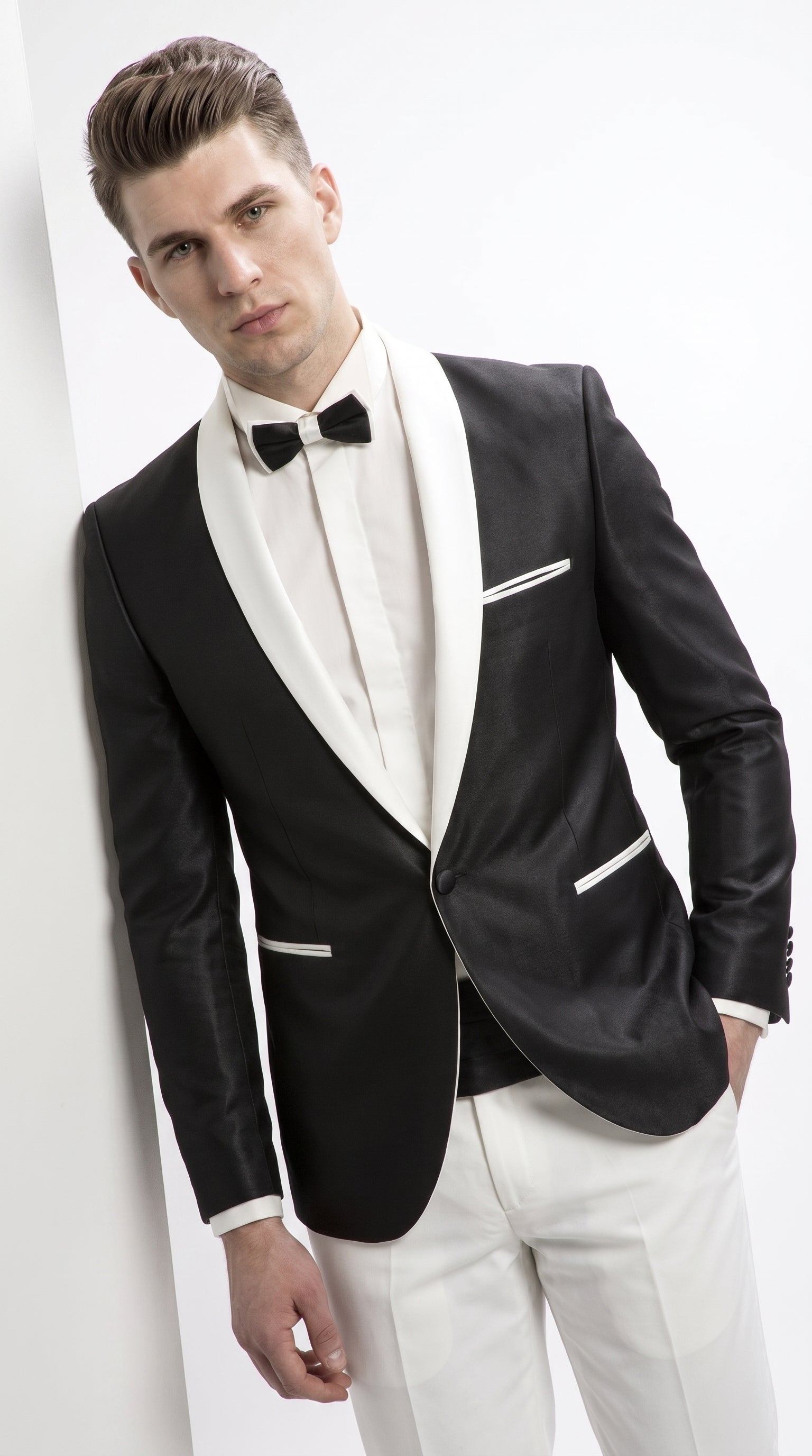 Men’s Black Dinner Jacket with White Shawl Lapel, Single Button Formal Tuxedo Blazer