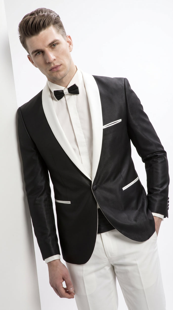 Men’s Black Dinner Jacket with White Shawl Lapel, Single Button Formal Tuxedo Blazer