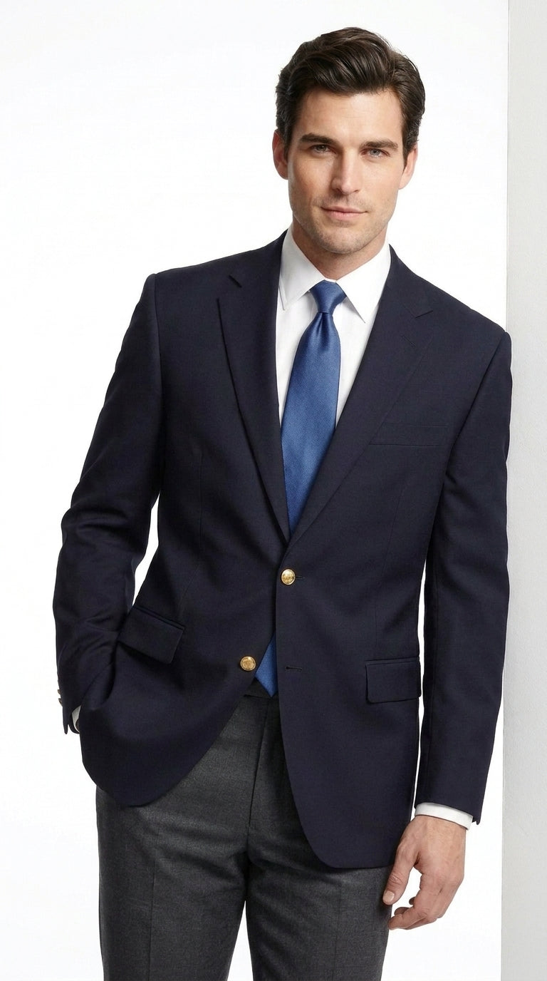 Men’s Classic Navy Blue Sport Coat with Brass Buttons, Handmade Formal Business Blazer