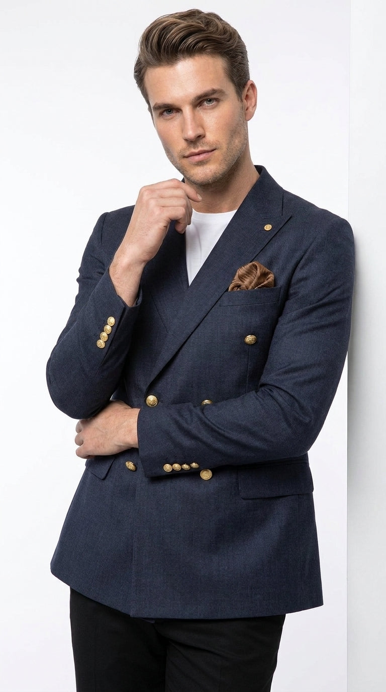 Men’s Navy Blue Double Breasted Wool Blazer with Gold Buttons, Formal Dress Sport Coat
