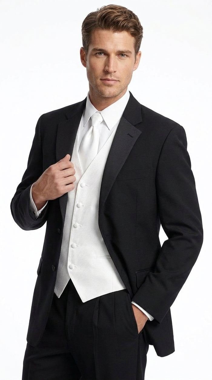 Men’s Black Super 120s Tuxedo Package Deal, 2 Button Formal Suit with White Shirt, Tie and Vest
