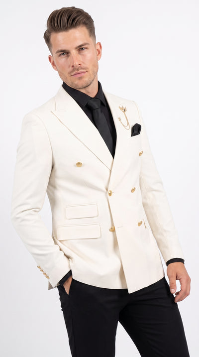 Men’s Ivory Double Breasted Blazer with Gold Buttons, Formal Wedding Prom Sport Coat