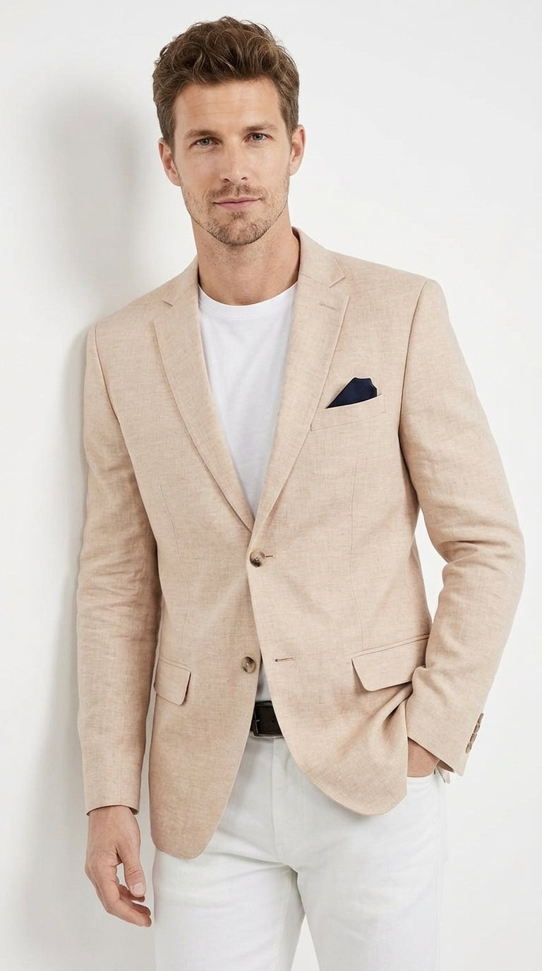 Men’s Beige Linen Blazer, 2 Button Summer Sport Coat for Weddings, Business and Casual Events