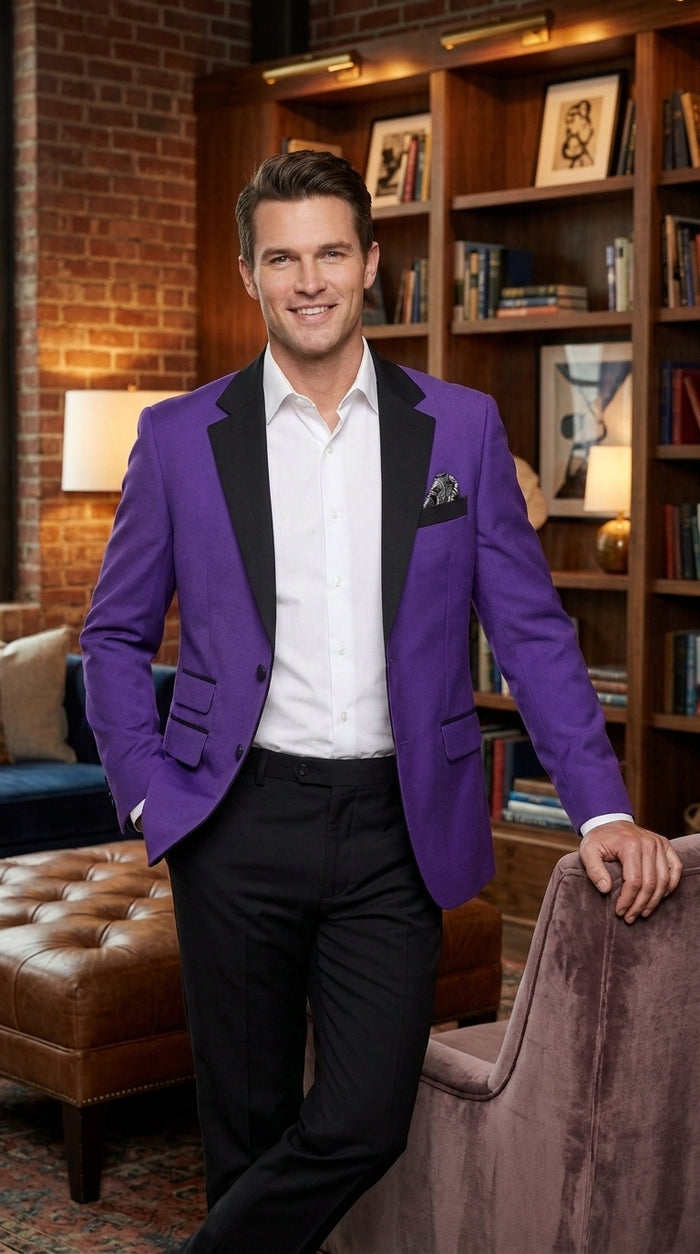 Men’s Purple Blazer with Black Lapel, Formal Dinner Jacket for Wedding Prom and Parties