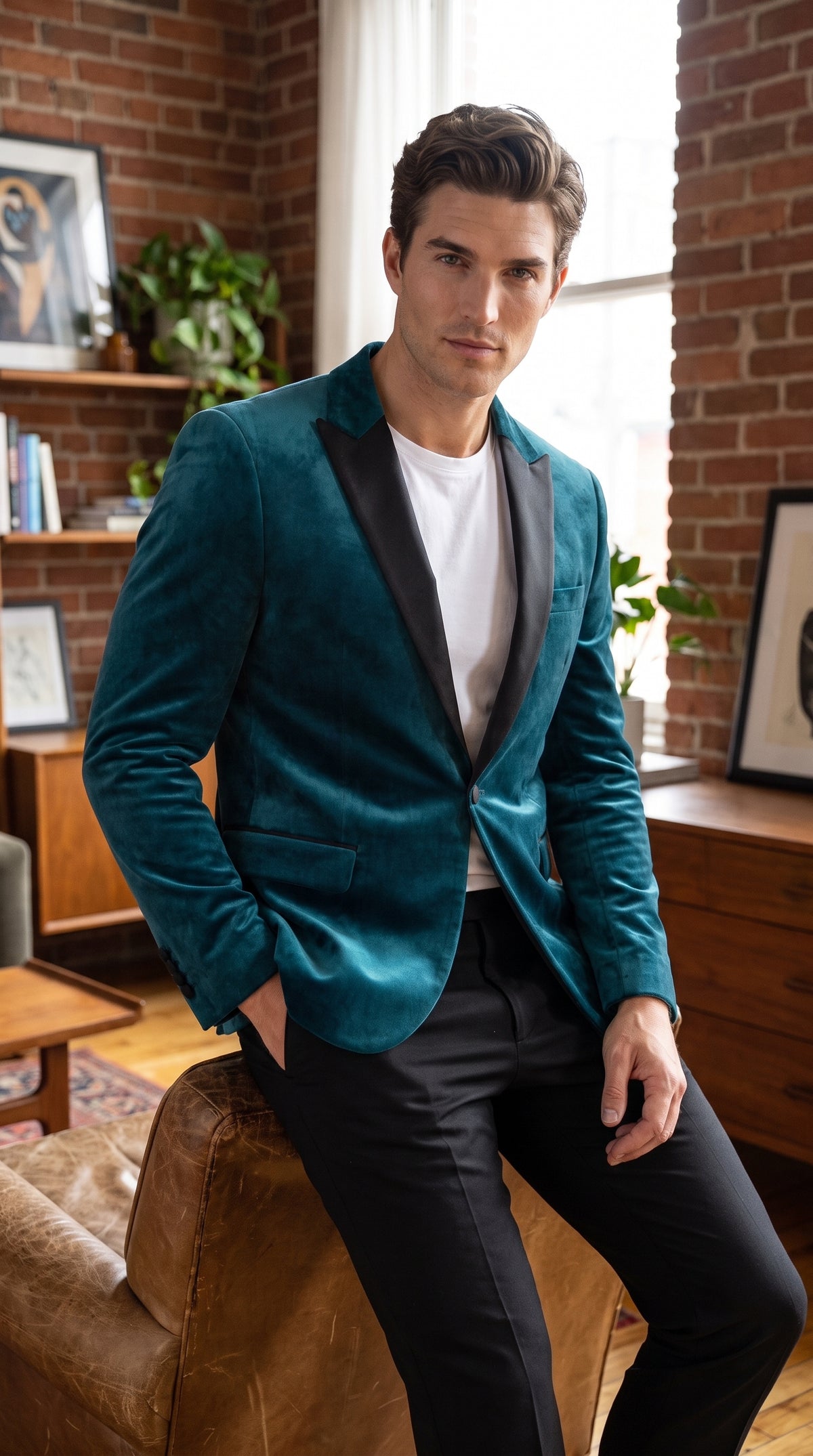 Men’s Teal Tuxedo Jacket with Black Shawl Lapel, Formal Prom Wedding Dinner Blazer