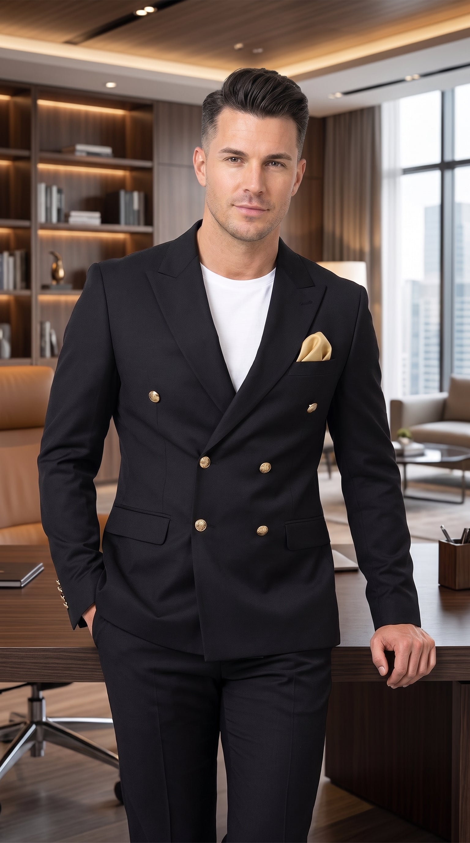 Men’s Black Double Breasted Blazer with Gold Buttons, Formal Sport Coat for Wedding and Business