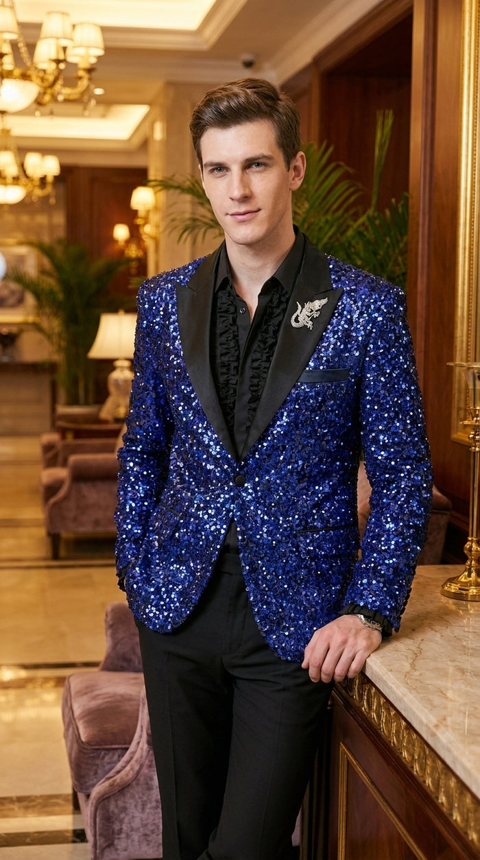 Men’s Royal Blue & Black Sequin Paisley Dinner Jacket – Glitter Sparkly Prom, Wedding and Party Tuxedo Blazer