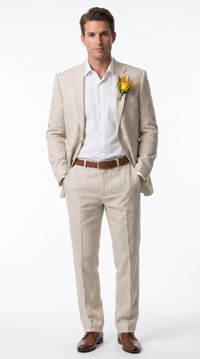 Men’s Sand Linen Suit, Summer Beach Wedding Formal Resort Suit for Men