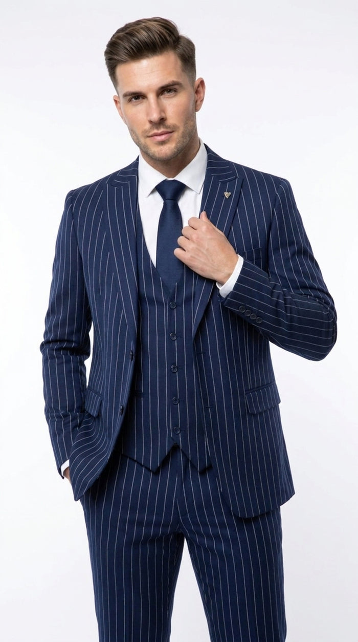 Men’s Navy Pinstripe 3 Piece Gangster Suit, Vintage 1920s Formal Dress Suit with Vest