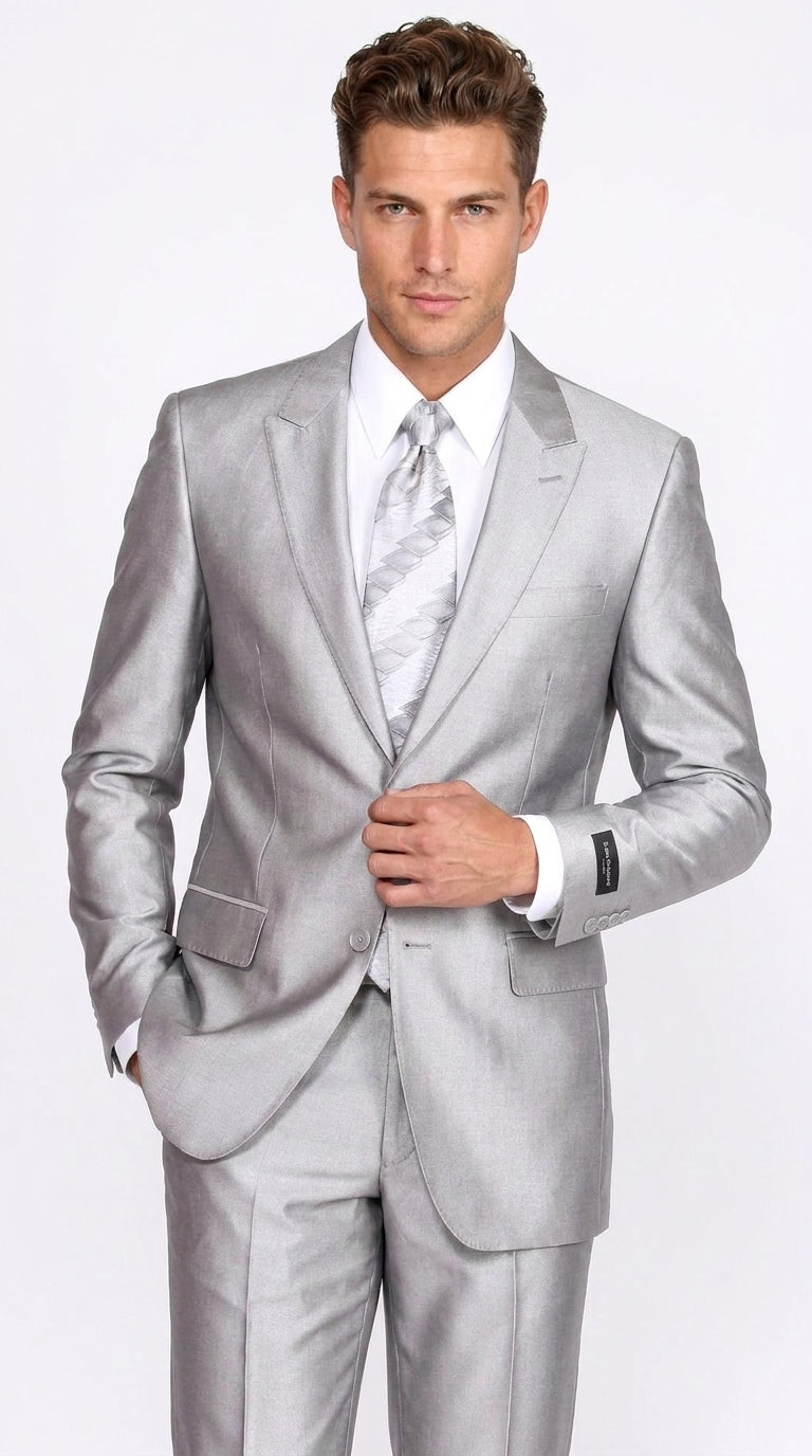 Men’s Silver 2 Button Sharkskin Suit, Shiny Formal Wedding Prom Business Dress Suit
