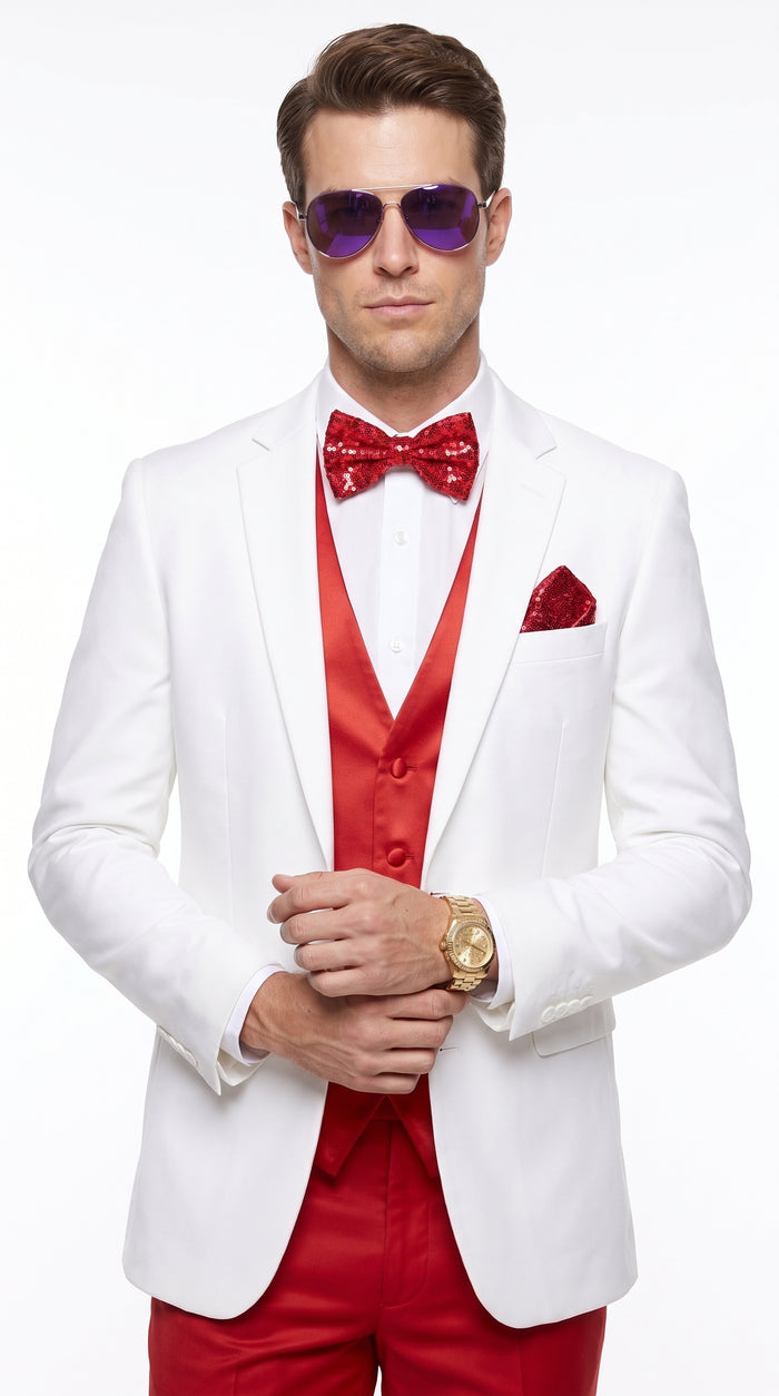 Men’s White and Red Tuxedo Wedding Suit Set, Formal Groom Prom Dinner Suit