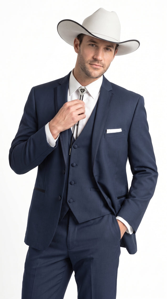 Men’s Navy Cowboy Tuxedo with Satin Lapel, Western Formal Wedding Suit with Vest