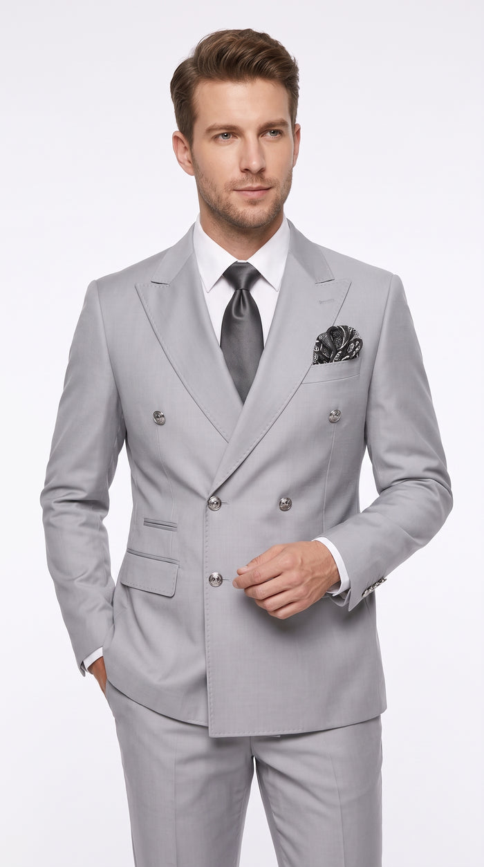 Rossi Man Men’s Silver Double Breasted Suit, Modern Fit Formal Wedding Prom Suit