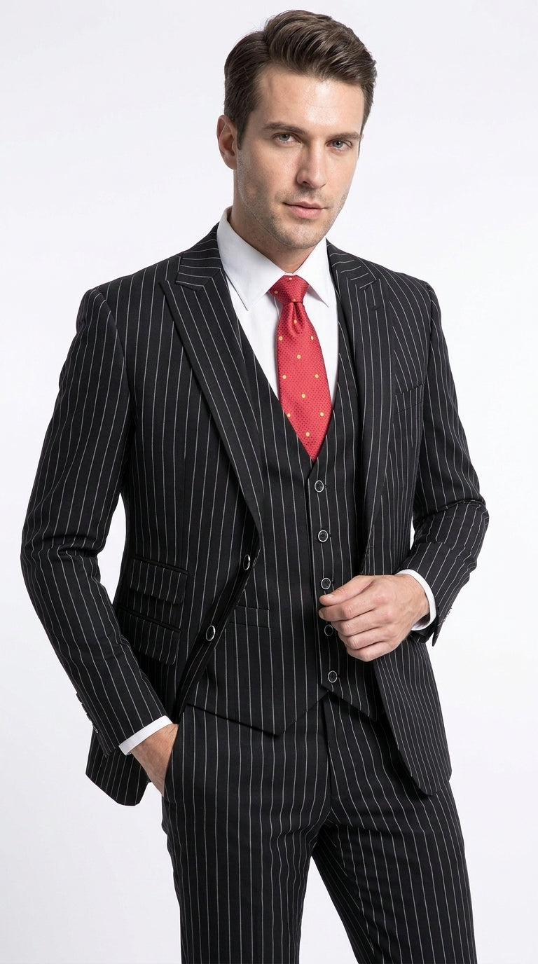 Men’s Black Pinstripe 1920s Gangster Suit with Vest, Formal Vintage Party Dress Suit