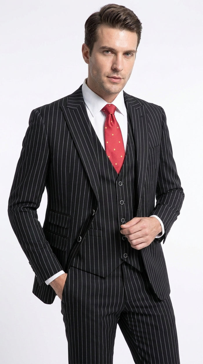 Men’s Black Pinstripe 1920s Gangster Suit with Vest, Formal Vintage Party Dress Suit
