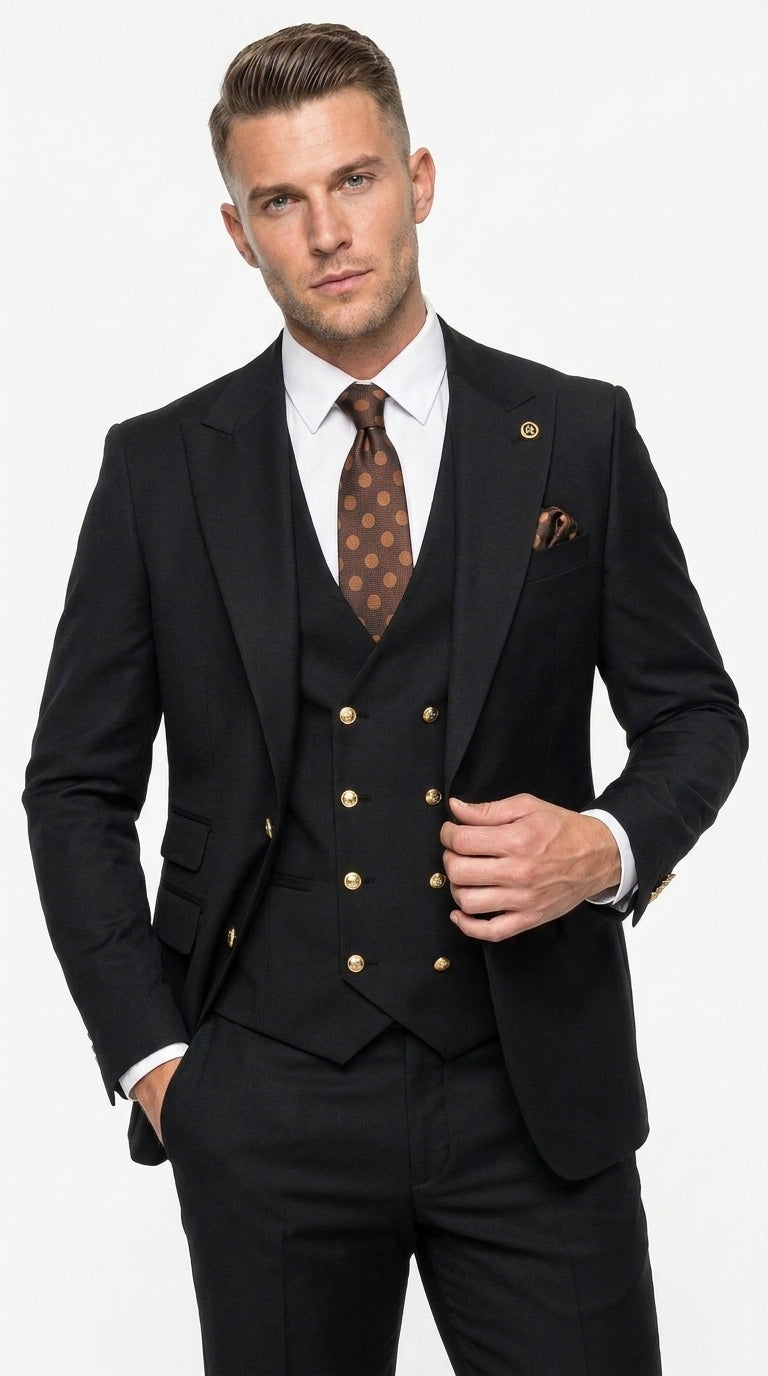 Men’s Black Wool Suit with Gold Buttons, One Button Formal Wedding Business Suit with Double Breasted Vest