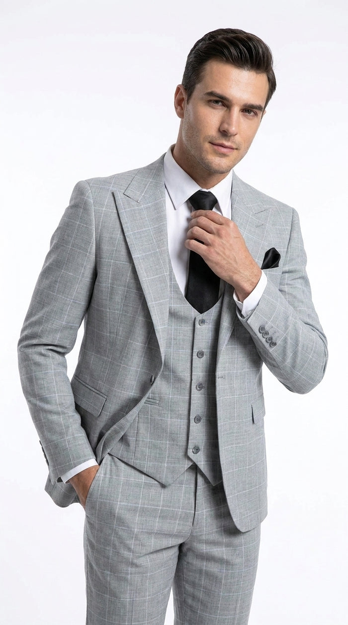 Rossi Man TOM RM1851 Men’s Light Grey Windowpane 3 Piece Suit, Formal Wedding Prom Dress Suit