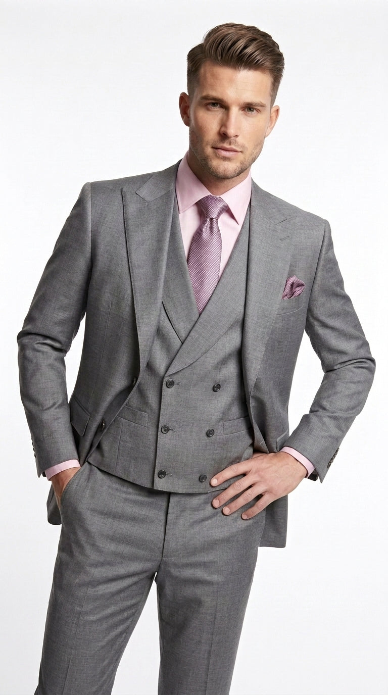 Men’s Charcoal Grey 3 Piece Suit with Lapel Vest, Modern Formal Wedding Business Dress Suit