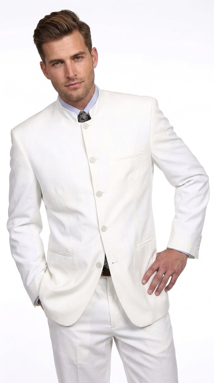 Men’s White 5 Button Mandarin Collar Suit, Designer Brand All White Formal Wedding Dress Suit
