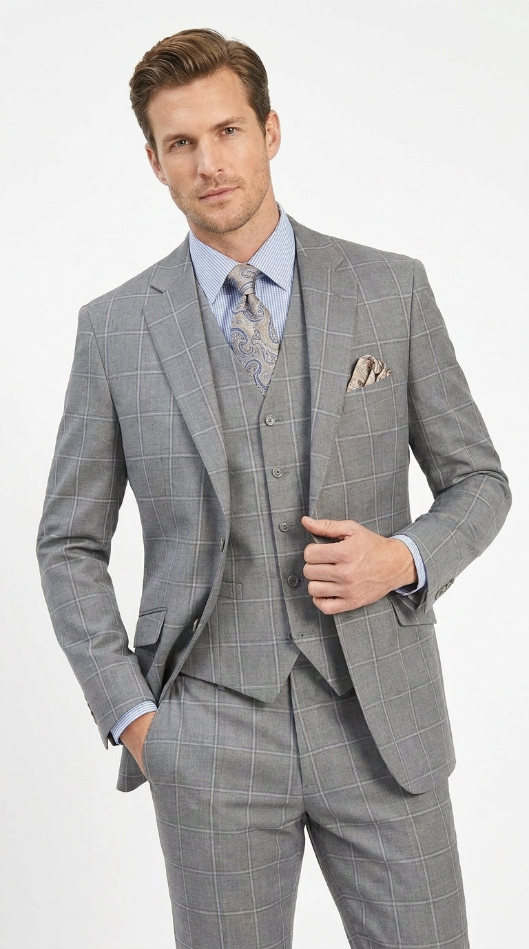 Men’s Light Grey Windowpane Plaid Suit, 1920s Inspired 3 Piece Formal Wedding Dress Suit