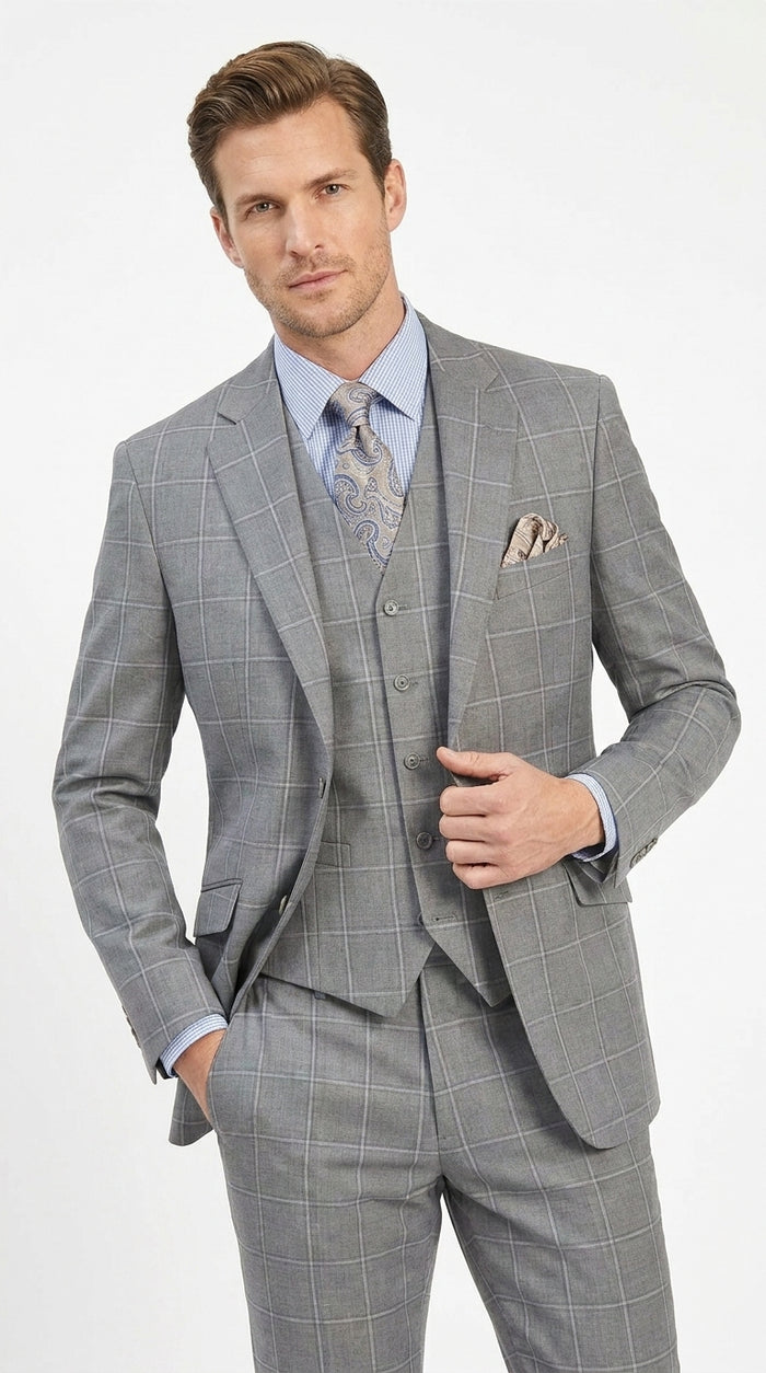 Men’s Light Grey Windowpane Plaid Suit, 1920s Inspired 3 Piece Formal Wedding Dress Suit