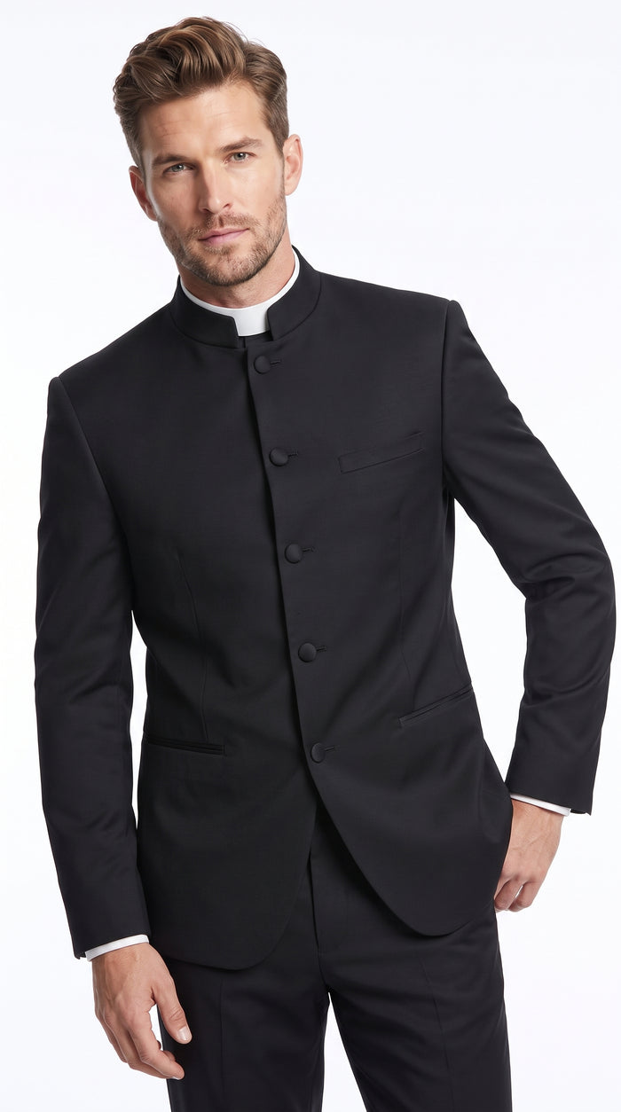 Men’s Black Mandarin Banded Collar Tuxedo, 5 Button Formal Wedding Prom Suit