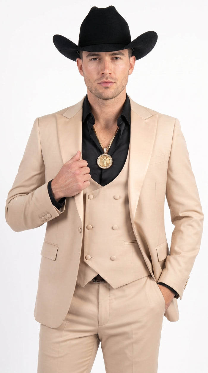 Men’s Light Beige Western 3 Piece Suit, Cowboy Tuxedo with Shawl Lapel Formal Wedding Outfit