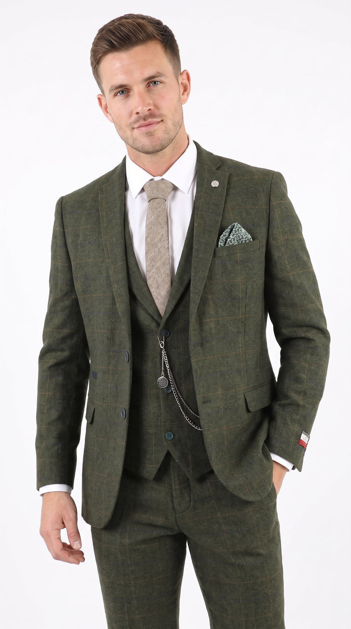 Men’s Olive Wool Tweed 3 Piece Suit, Double Breasted Vest 1920s Vintage Formal Suit