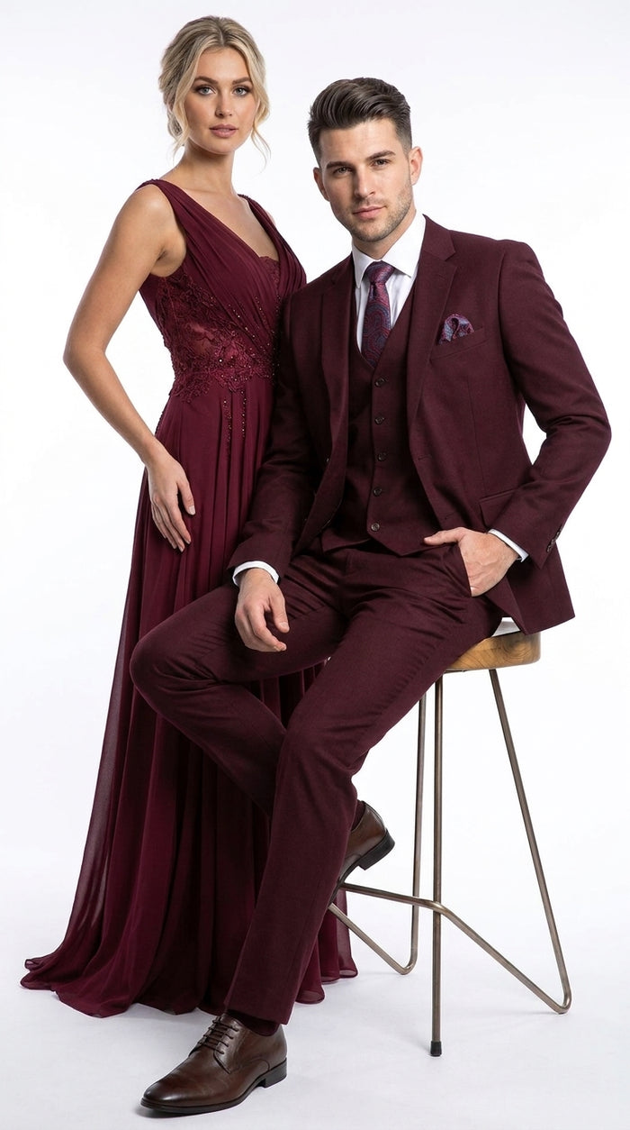Men’s Burgundy 3-Piece Wool Suit – Regular Fit Wedding, Business and Formal Suit with Pleated Pants