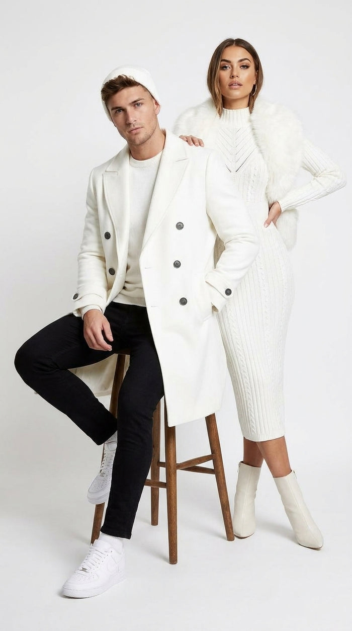 Men’s White Cashmere and Wool Double-Breasted Overcoat – Classic Car Coat for Business and Formal Wear