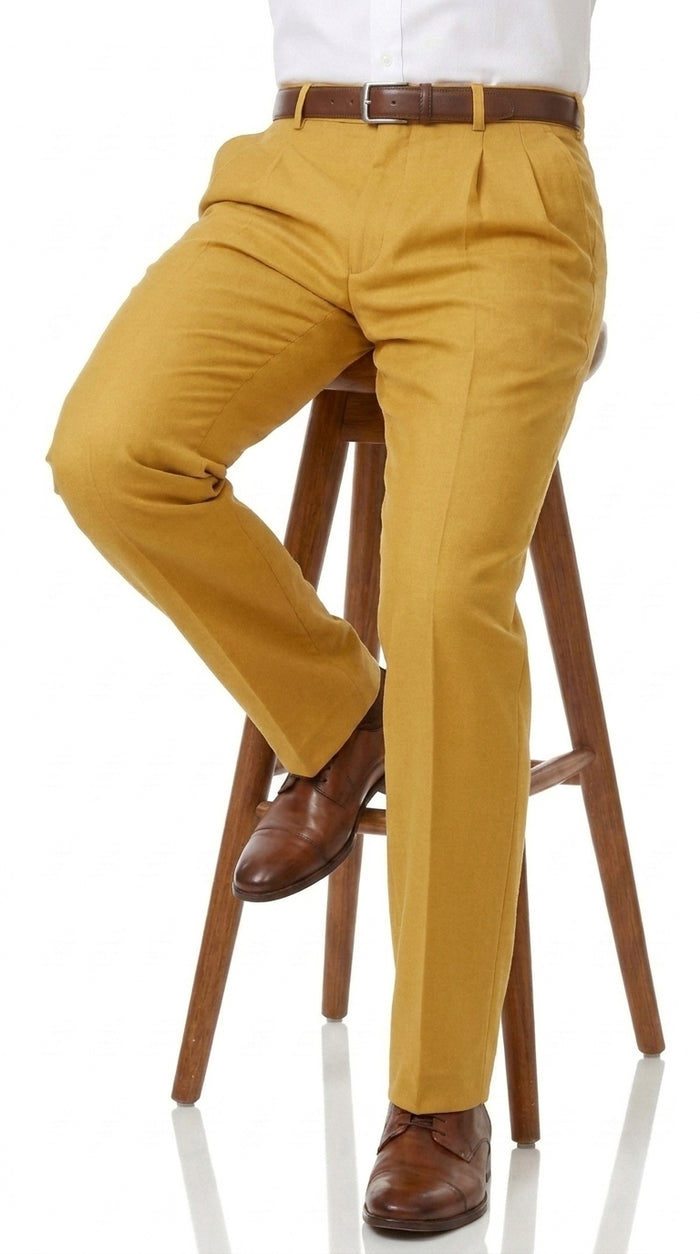 Men’s Gold Pleated Dress Pants, Formal Slacks for Church, Wedding and Special Events