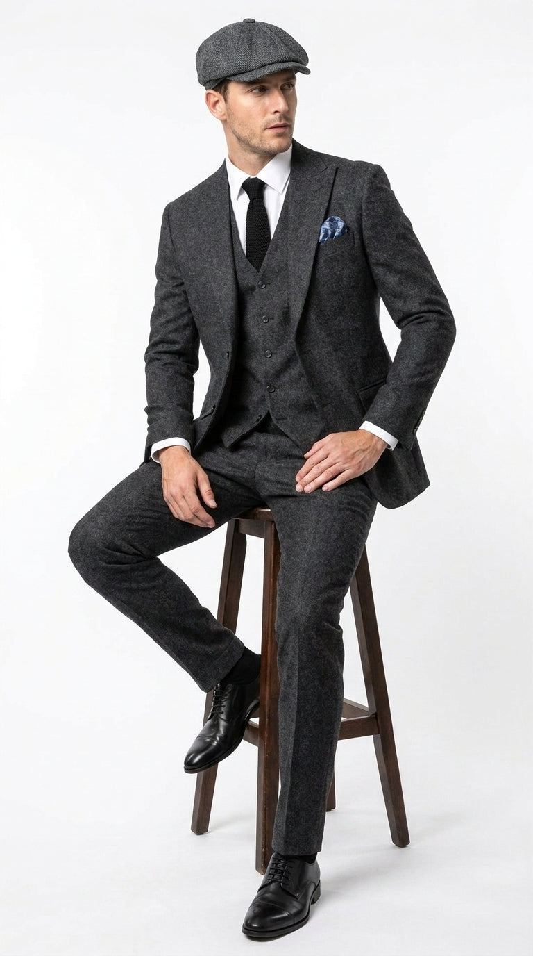 Men’s Heritage Charcoal Tweed 3 Piece Suit, Peaky Blinders Inspired Classic Formal Dress Suit