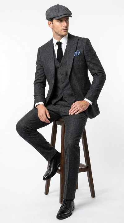 Men’s Heritage Charcoal Tweed 3 Piece Suit, Peaky Blinders Inspired Classic Formal Dress Suit