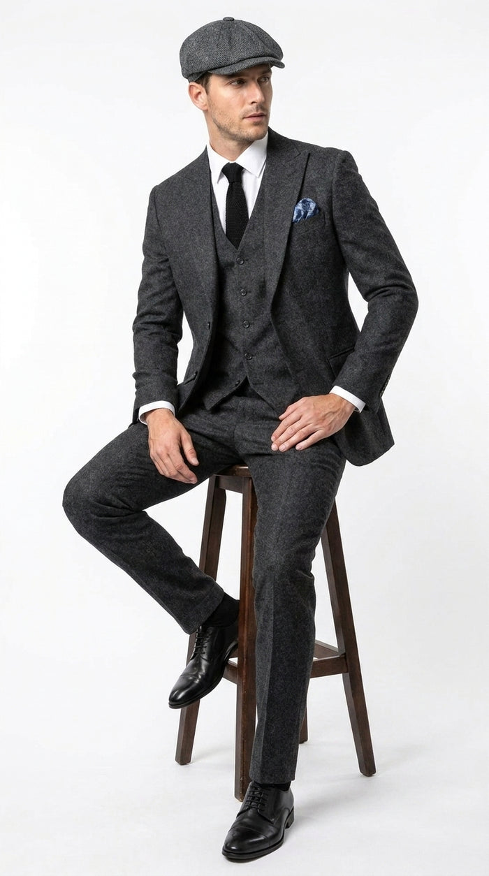 Men’s Heritage Charcoal Tweed 3 Piece Suit, Peaky Blinders Inspired Classic Formal Dress Suit