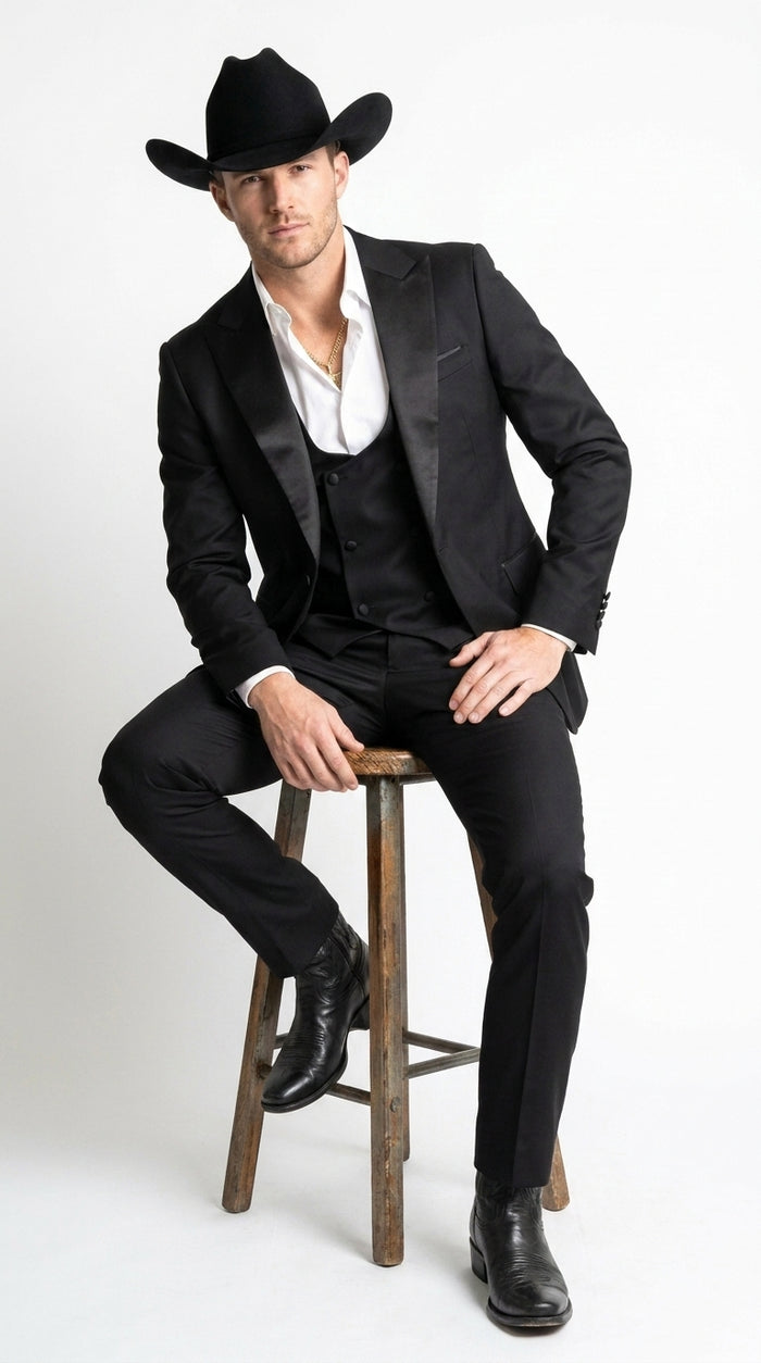 Men’s Black Western Tuxedo Suit with Satin Shawl Lapel, Double Breasted Vest Formal Cowboy Suit