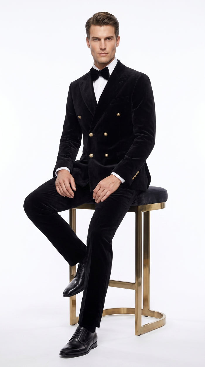 Men’s Rossi Man Zeus Black Velvet Double Breasted Tuxedo Suit, Formal Wedding Prom Dinner Suit Set