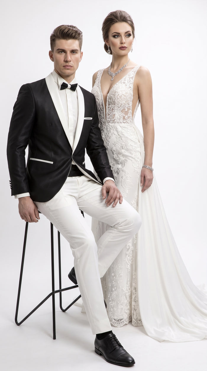 Men’s Black Dinner Jacket with White Shawl Lapel, Single Button Formal Tuxedo Blazer