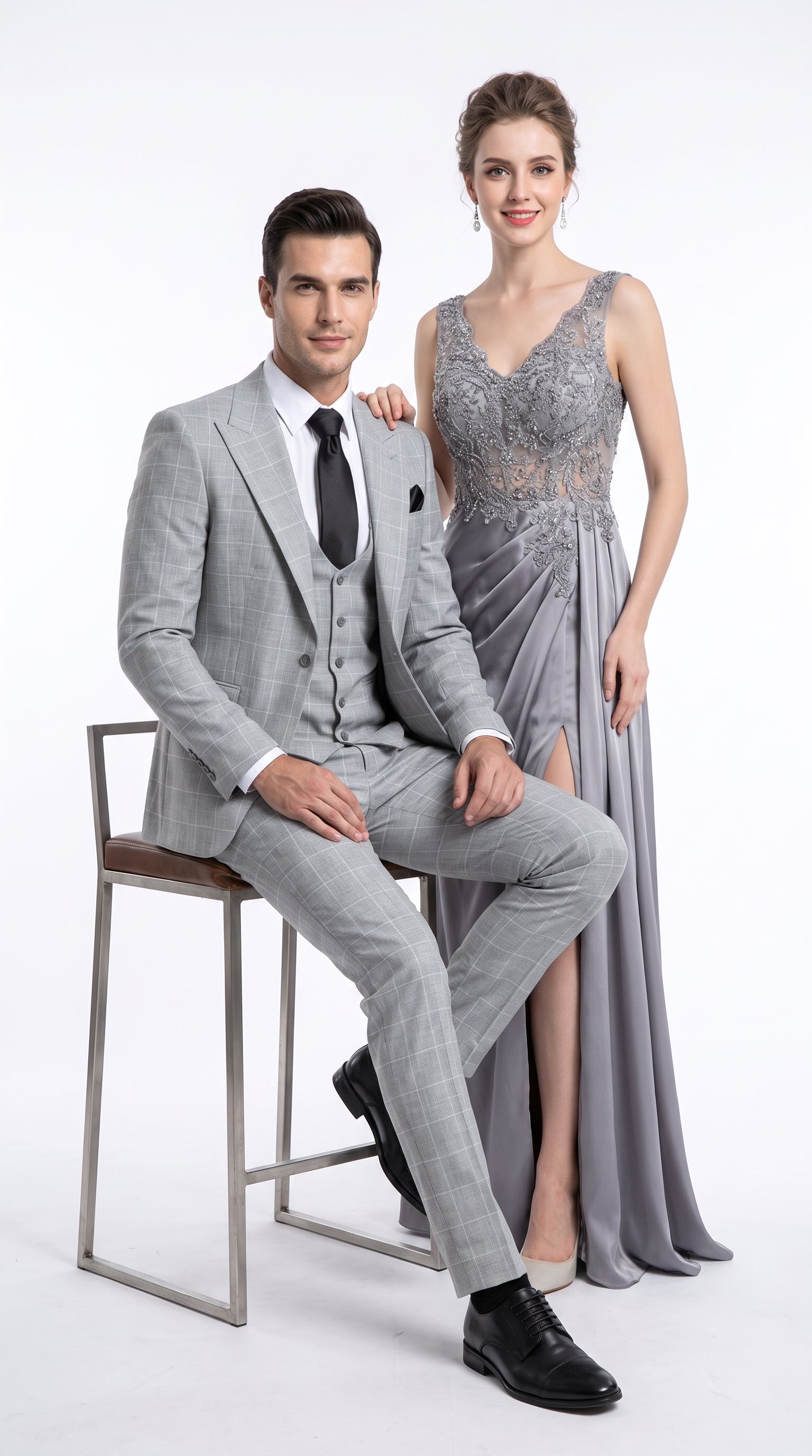 Rossi Man TOM RM1851 Men’s Light Grey Windowpane 3 Piece Suit, Formal Wedding Prom Dress Suit
