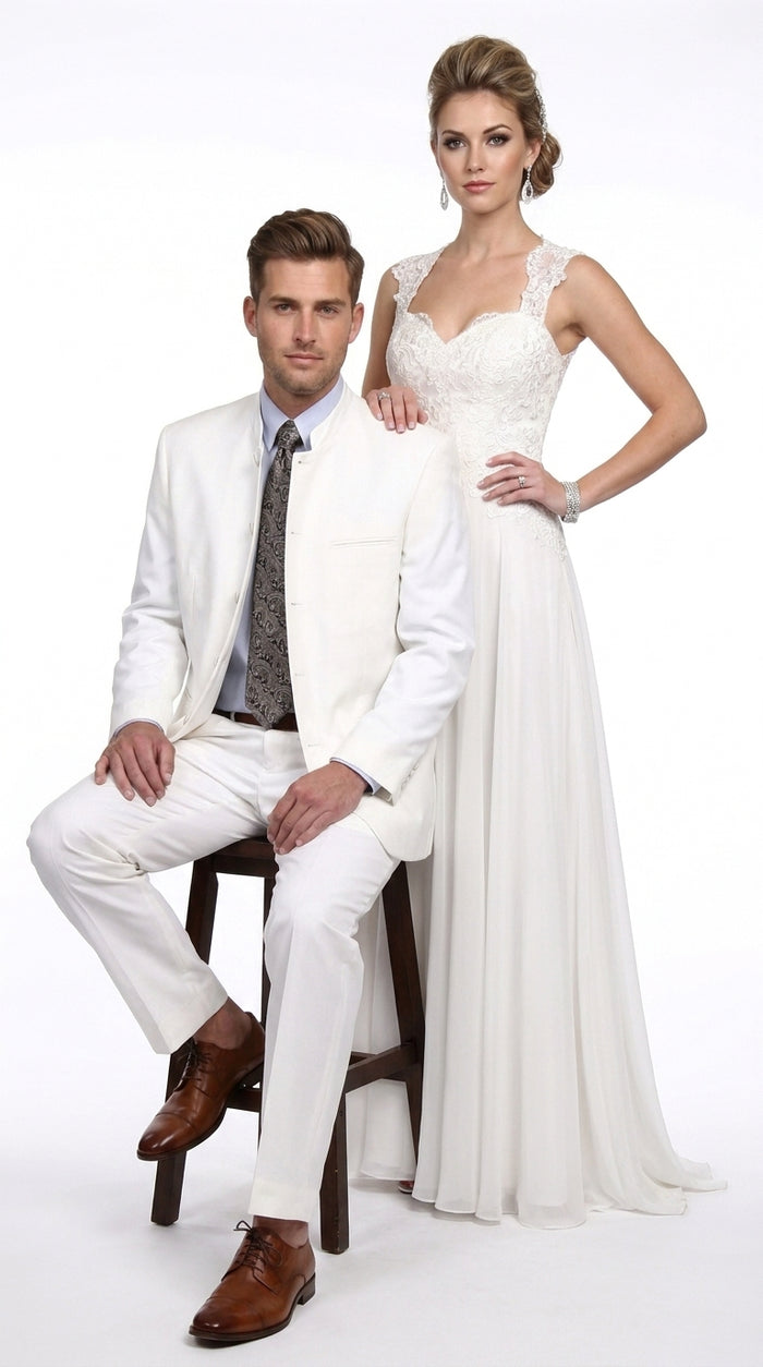 Men’s White 5 Button Mandarin Collar Suit, Designer Brand All White Formal Wedding Dress Suit