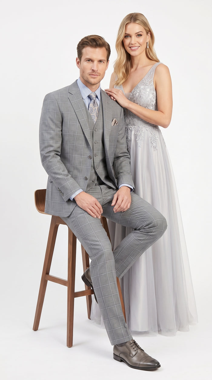 Men’s Light Grey Windowpane Plaid Suit, 1920s Inspired 3 Piece Formal Wedding Dress Suit