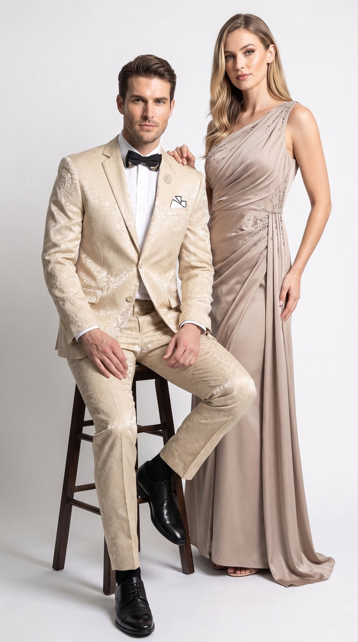 Men’s Champagne Paisley 2 Piece Prom Tuxedo, Formal Wedding Dinner Jacket Suit