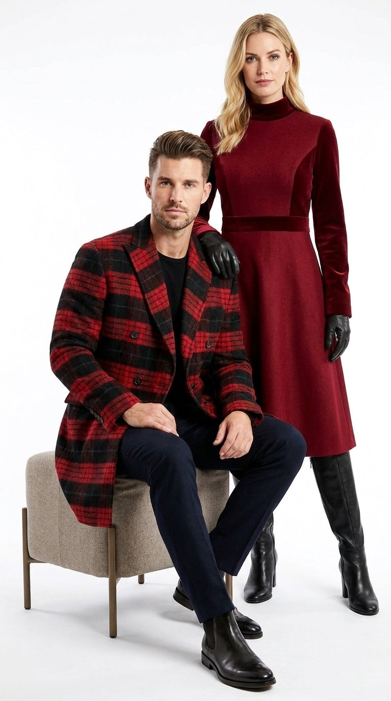 Men’s Red and Black Plaid Double-Breasted Overcoat – Wool-Blend Peacoat and Winter Topcoat