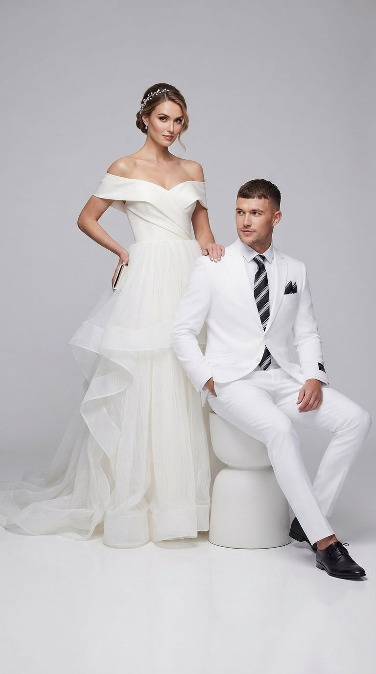 Men’s White Wedding Suit, 2 Button Formal Groom Prom Dress Suit