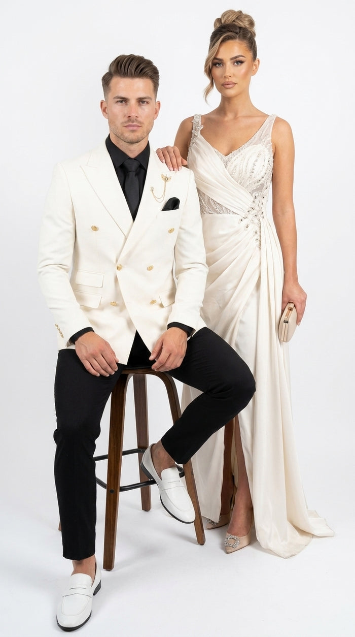 Men’s Ivory Double Breasted Blazer with Gold Buttons, Formal Wedding Prom Sport Coat
