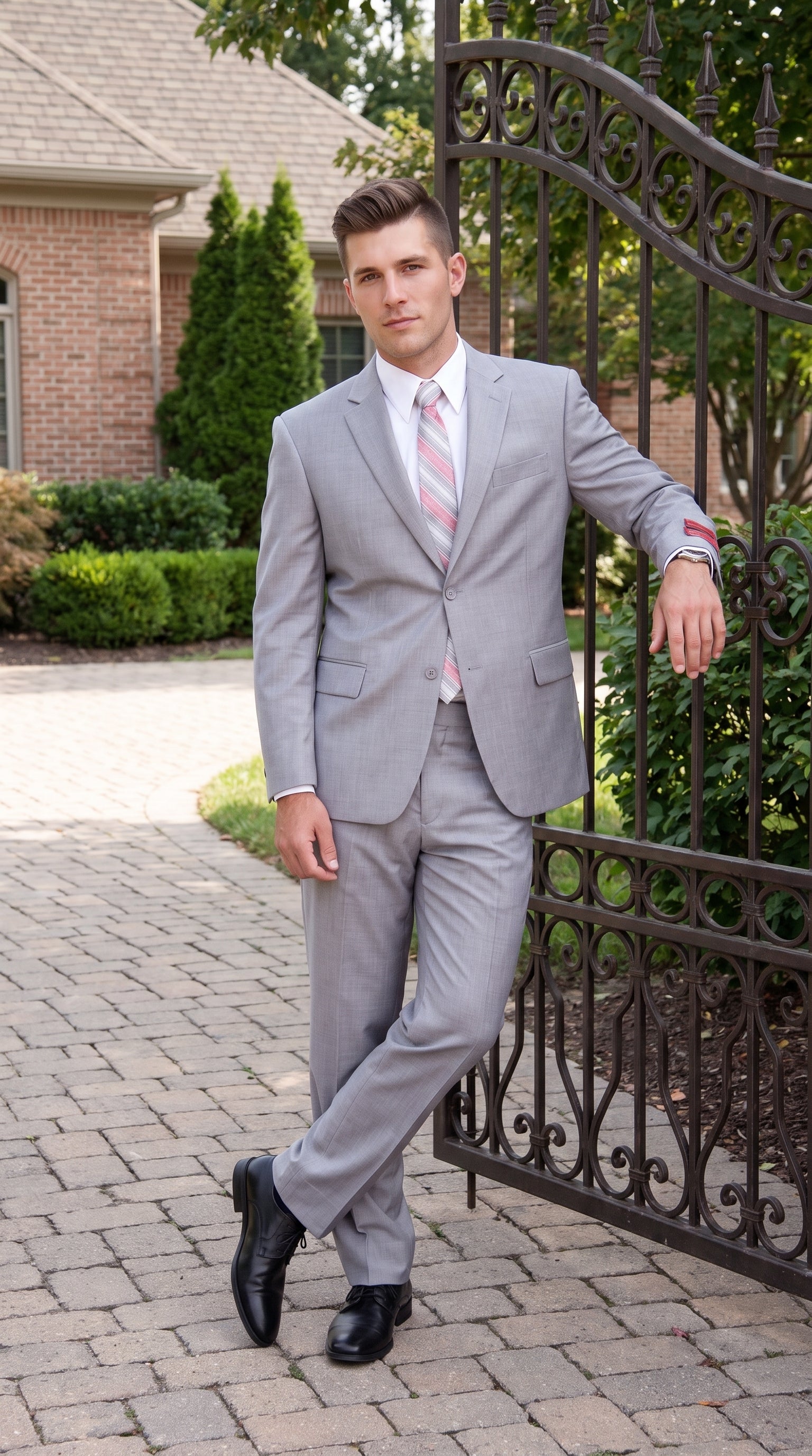 Tiglio Men’s Light Grey 2 Button Suit, High Quality Formal Wedding Business Dress Suit