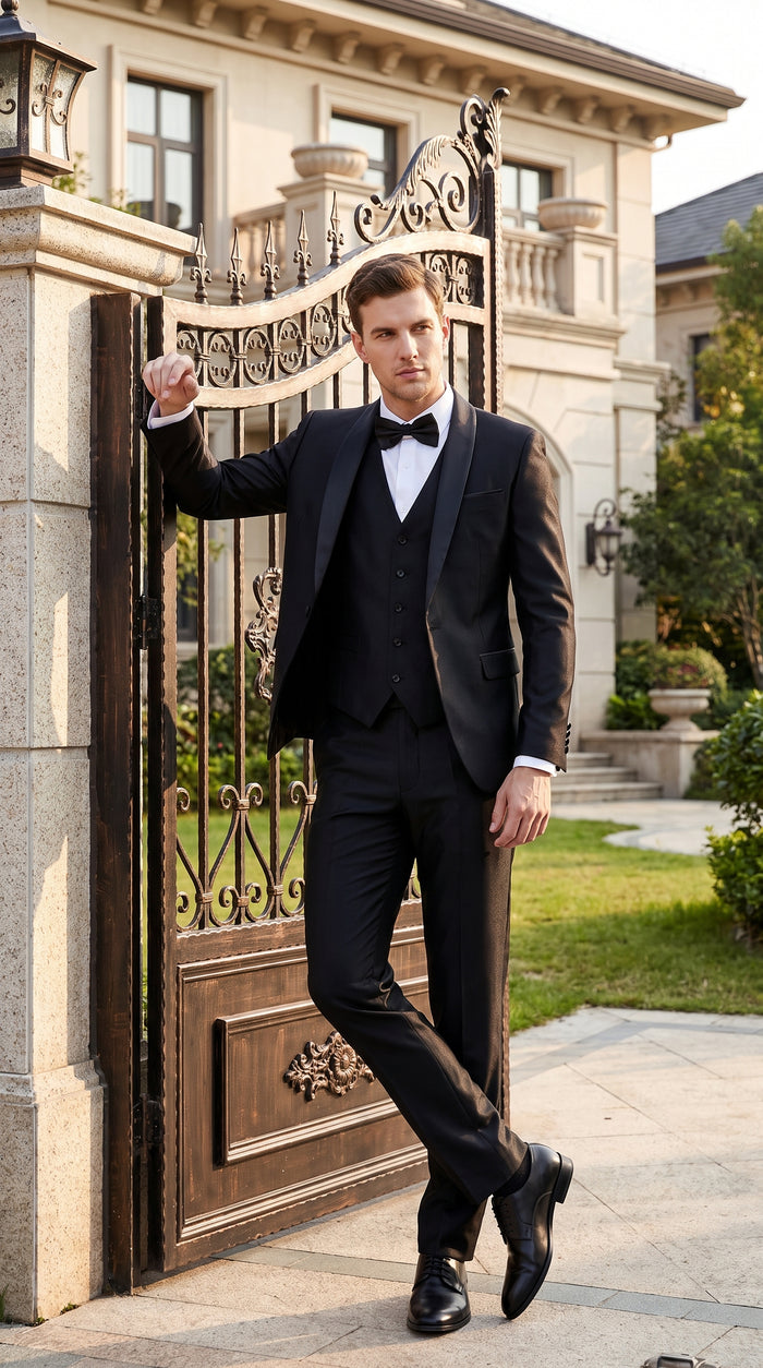 Men’s Black Sharkskin Vested Tuxedo, 1 Button Shawl Lapel Formal Wedding Prom Suit