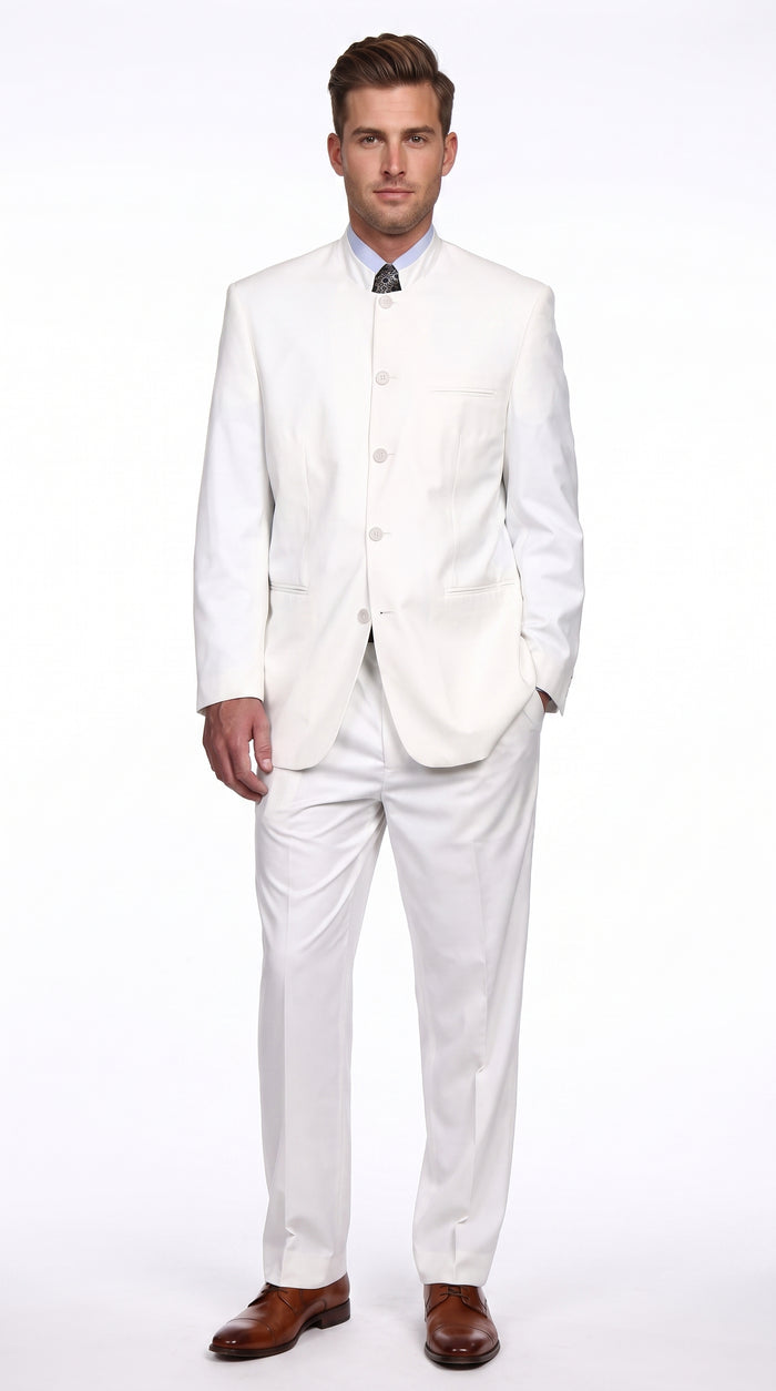 Men’s White 5 Button Mandarin Collar Suit, Designer Brand All White Formal Wedding Dress Suit
