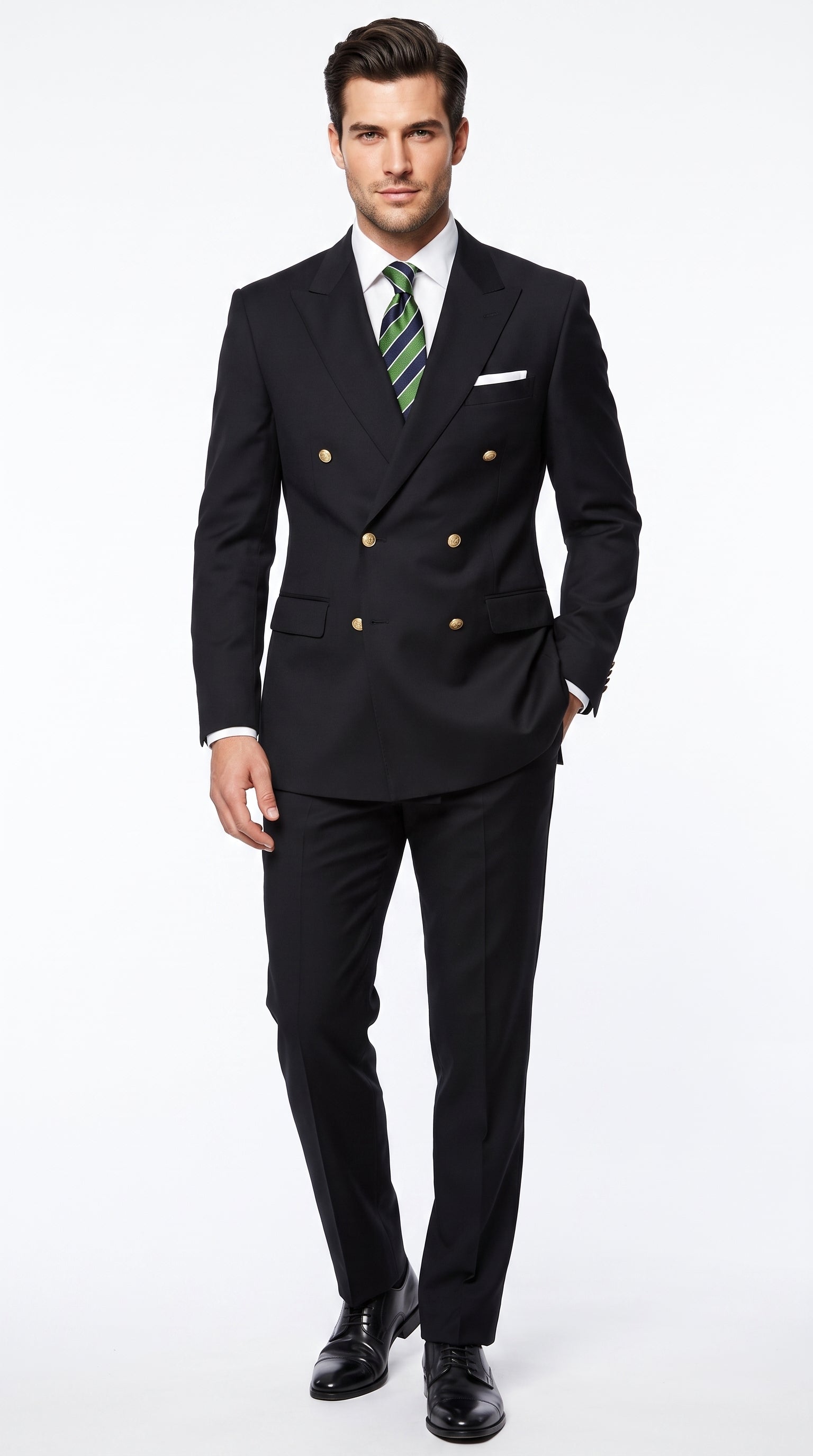 Men’s Solid Black Double Breasted Suit Blazer, Gold Button Formal Business Sport Coat